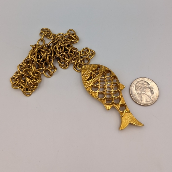 Statement Gold Tone Mid-Century Modern Fish Pendant 2.5" on a Long Chain 32' - Picture 9 of 10